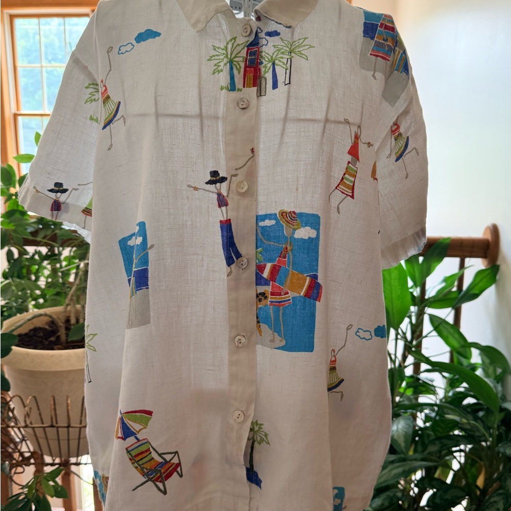 Hot Cotton by Marc Ware White Two-Piece Beach Print Linen Set XL - Picture 5 of 7